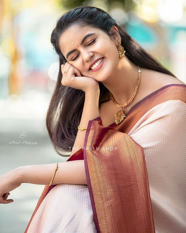 Stunning Beige Soft Kanjivaram Silk Saree With Innovative Blouse Piece ClothsVilla