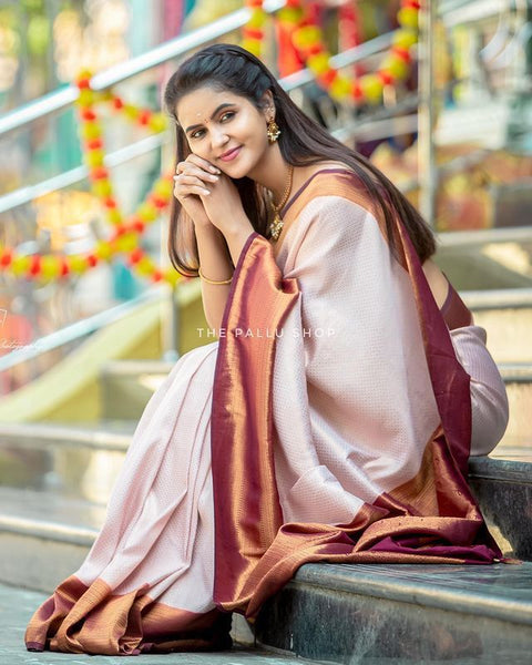 Stunning Beige Soft Kanjivaram Silk Saree With Innovative Blouse Piece ClothsVilla Main image