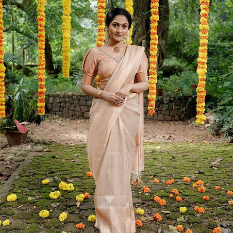 Fugacious Cream Soft Kanjivaram Silk Saree With Gossamer Blouse Piece ClothsVilla Main image