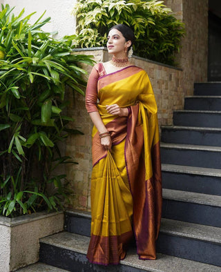Lissome Golden Soft Kanjivaram Silk Saree With Moiety Blouse Piece ClothsVilla