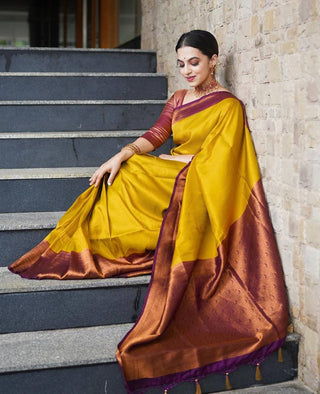 Lissome Golden Soft Kanjivaram Silk Saree With Moiety Blouse Piece ClothsVilla