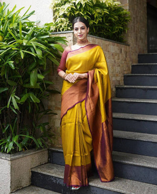 Lissome Golden Soft Kanjivaram Silk Saree With Moiety Blouse Piece ClothsVilla