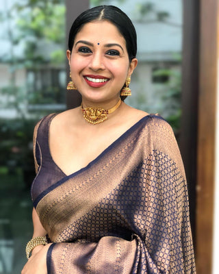 Sensational Navy Blue Soft Kanjivaram Silk Saree With Skinny Blouse Piece ClothsVilla