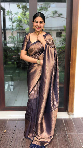 Sensational Navy Blue Soft Kanjivaram Silk Saree With Skinny Blouse Piece ClothsVilla