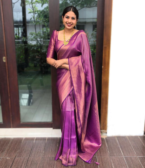 Wonderful Purple Soft Kanjivaram Silk Saree With Precious Blouse Piece ClothsVilla Main image