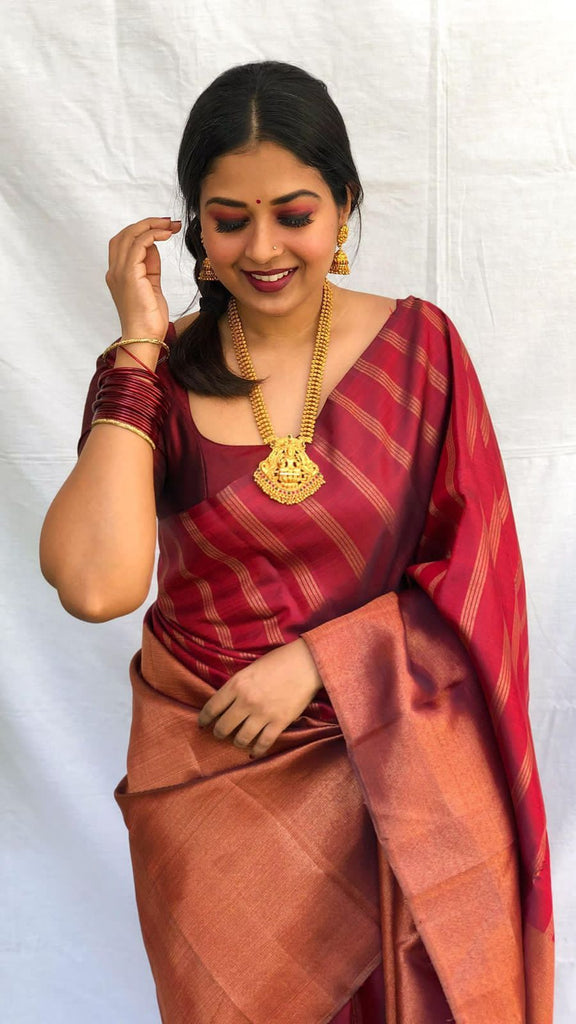 Groovy Maroon Soft Banarasi Silk Saree With Prominent Blouse Piece ClothsVilla