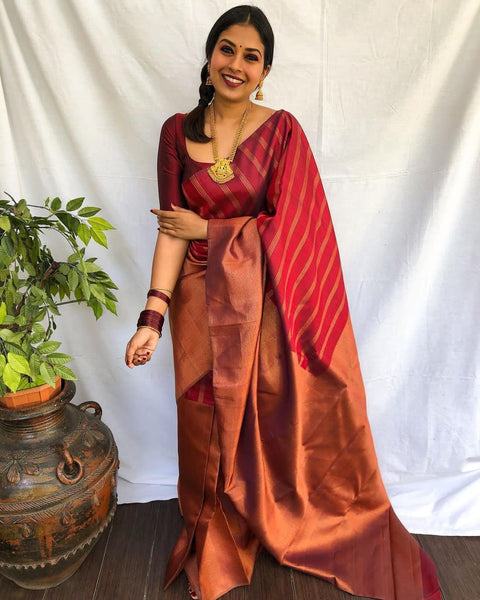 Groovy Maroon Soft Banarasi Silk Saree With Prominent Blouse Piece ClothsVilla Main image
