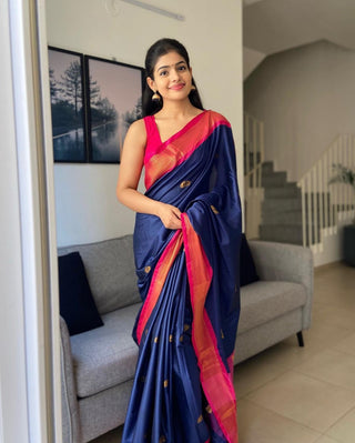 Gorgeous Blue Soft Banarasi Silk Saree With Awesome Blouse Piece ClothsVilla