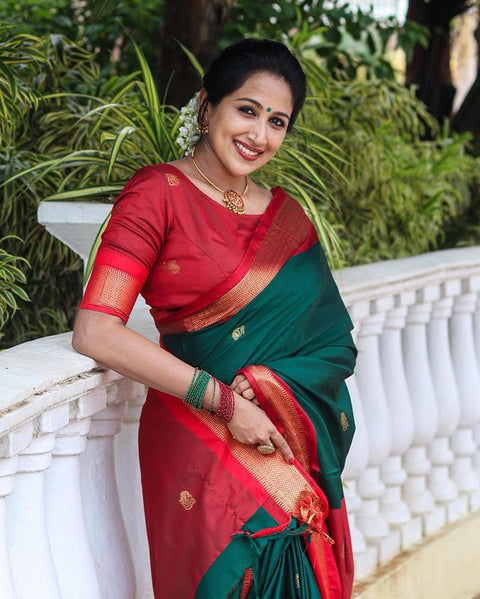 Outstanding Rama Soft Banarasi Silk Saree With Precious Blouse Piece ClothsVilla Main image