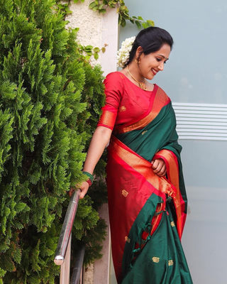 Outstanding Rama Soft Banarasi Silk Saree With Precious Blouse Piece ClothsVilla