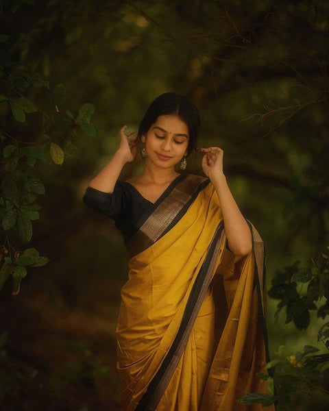 Elegant Yellow Soft Banarasi Silk Saree With Staring Blouse Piece ClothsVilla Main image
