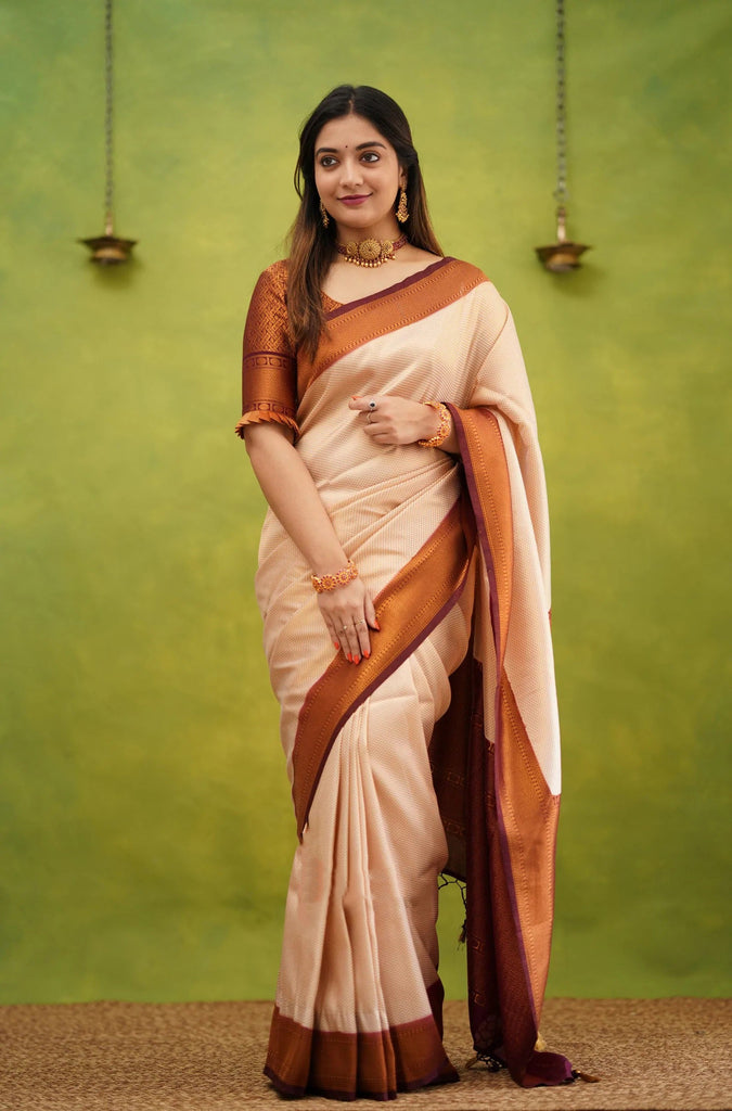 Elision Beige Soft Banarasi Silk Saree With Eloquence Blouse Piece ClothsVilla