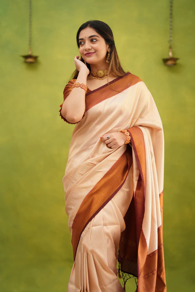Elision Beige Soft Banarasi Silk Saree With Eloquence Blouse Piece ClothsVilla