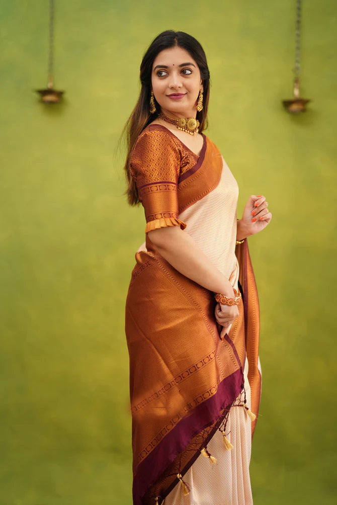 Elision Beige Soft Banarasi Silk Saree With Eloquence Blouse Piece ClothsVilla
