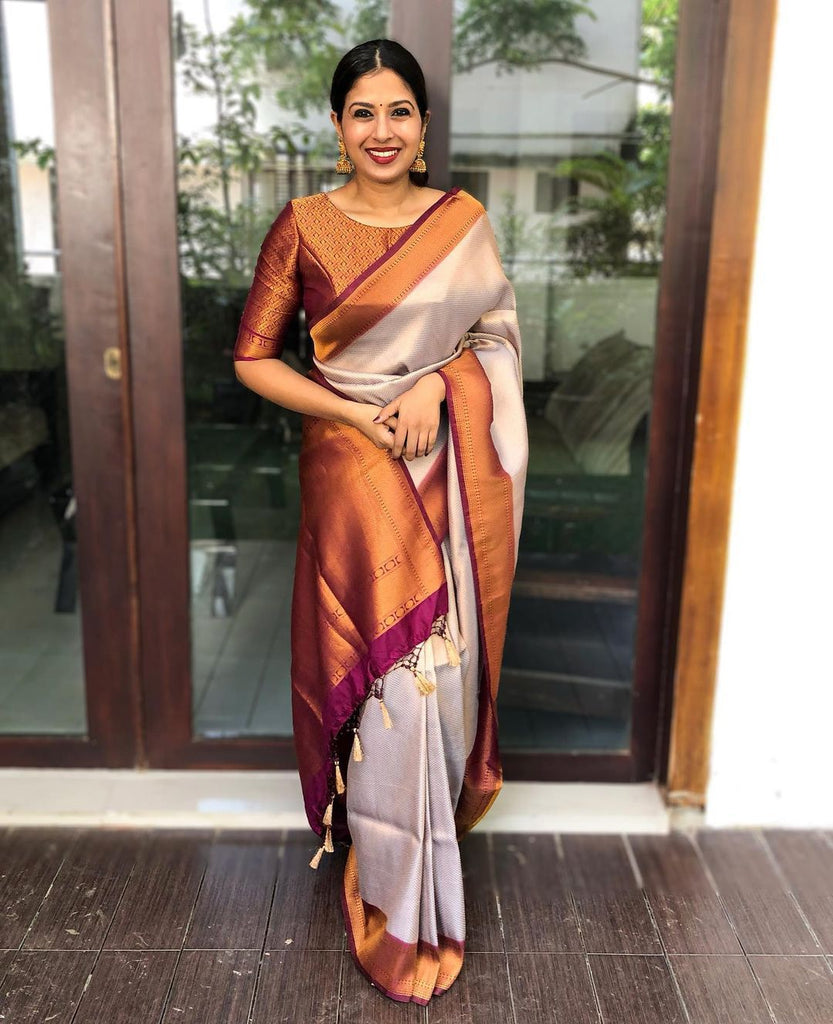 Admirable Beige Soft Banarasi Silk Saree With Gorgeous Blouse Piece ClothsVilla