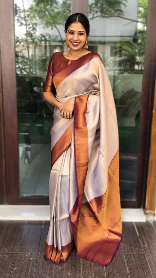 Admirable Beige Soft Banarasi Silk Saree With Gorgeous Blouse Piece ClothsVilla