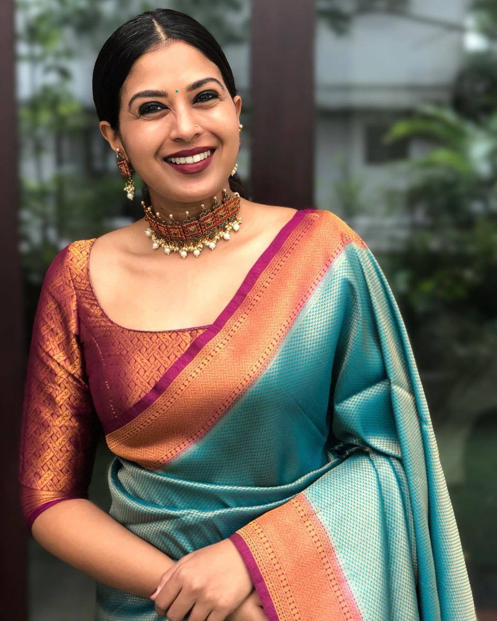 Stunning Firozi Soft Banarasi Silk Saree With Innovative Blouse Piece ClothsVilla