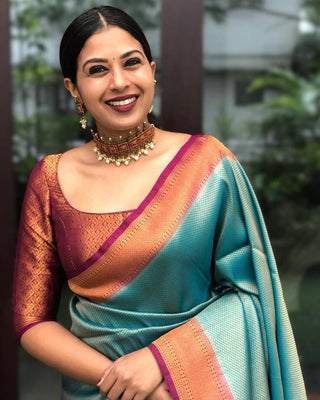 Stunning Firozi Soft Banarasi Silk Saree With Innovative Blouse Piece ClothsVilla