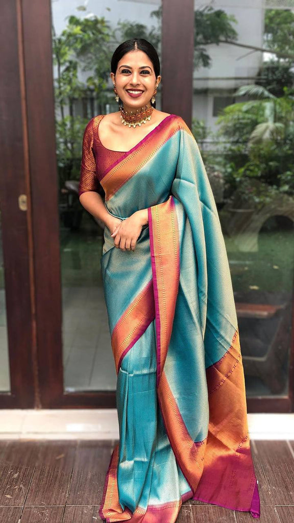 Stunning Firozi Soft Banarasi Silk Saree With Innovative Blouse Piece ClothsVilla