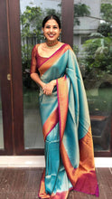 Load image into Gallery viewer, Stunning Firozi Soft Banarasi Silk Saree With Innovative Blouse Piece ClothsVilla