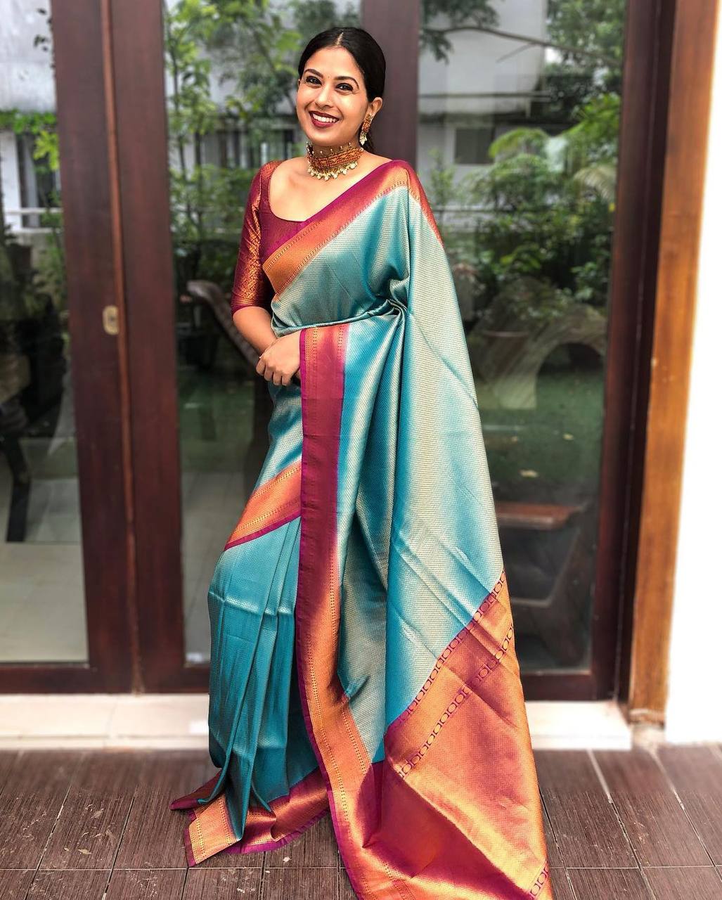 Stunning Firozi Soft Banarasi Silk Saree With Innovative Blouse Piece ClothsVilla