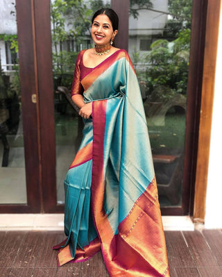 Stunning Firozi Soft Banarasi Silk Saree With Innovative Blouse Piece ClothsVilla