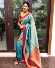 Load image into Gallery viewer, Stunning Firozi Soft Banarasi Silk Saree With Innovative Blouse Piece ClothsVilla