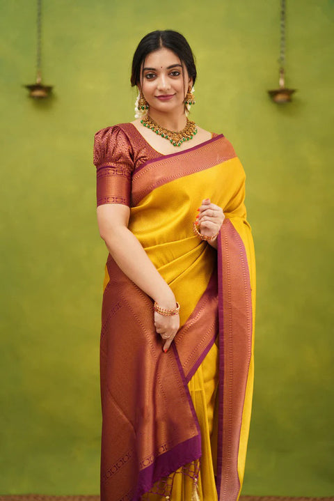 Demesne Golden Soft Kanjivaram Silk Saree With Desuetude Blouse Piece ClothsVilla Main image