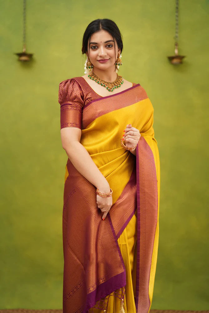 Demesne Golden Soft Kanjivaram Silk Saree With Desuetude Blouse Piece ClothsVilla