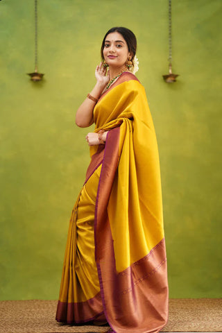 Demesne Golden Soft Kanjivaram Silk Saree With Desuetude Blouse Piece ClothsVilla