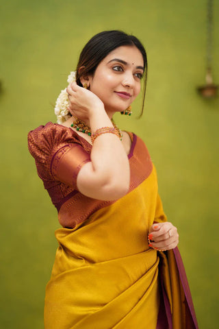 Demesne Golden Soft Kanjivaram Silk Saree With Desuetude Blouse Piece ClothsVilla