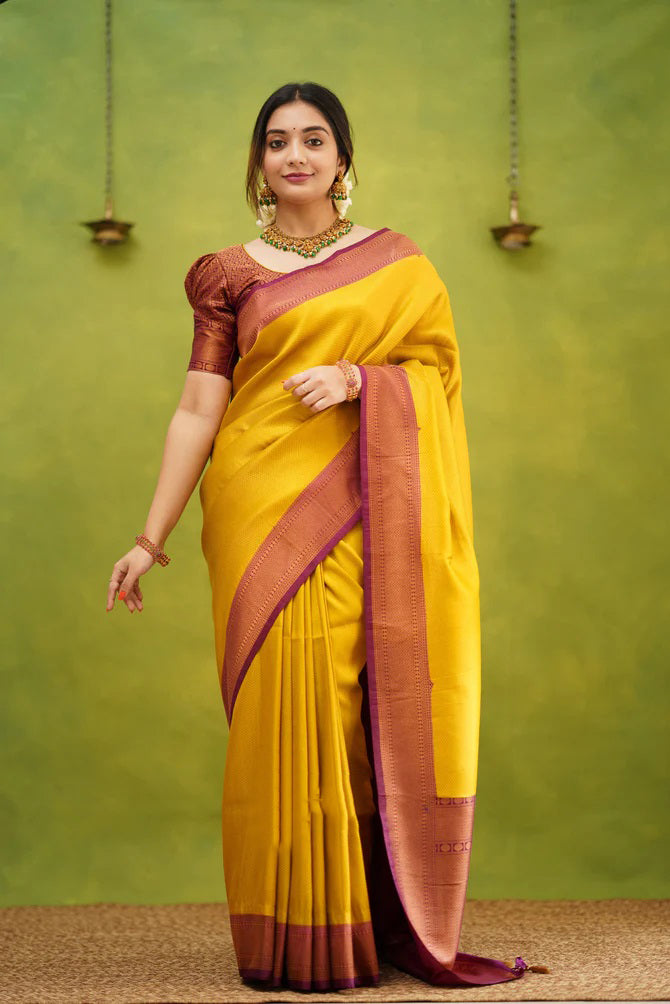 Demesne Golden Soft Kanjivaram Silk Saree With Desuetude Blouse Piece ClothsVilla