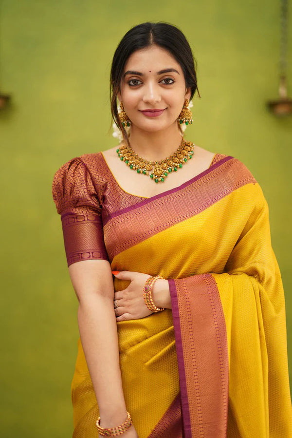 Demesne Golden Soft Kanjivaram Silk Saree With Desuetude Blouse Piece ClothsVilla