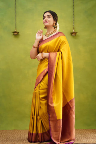 Demesne Golden Soft Kanjivaram Silk Saree With Desuetude Blouse Piece ClothsVilla