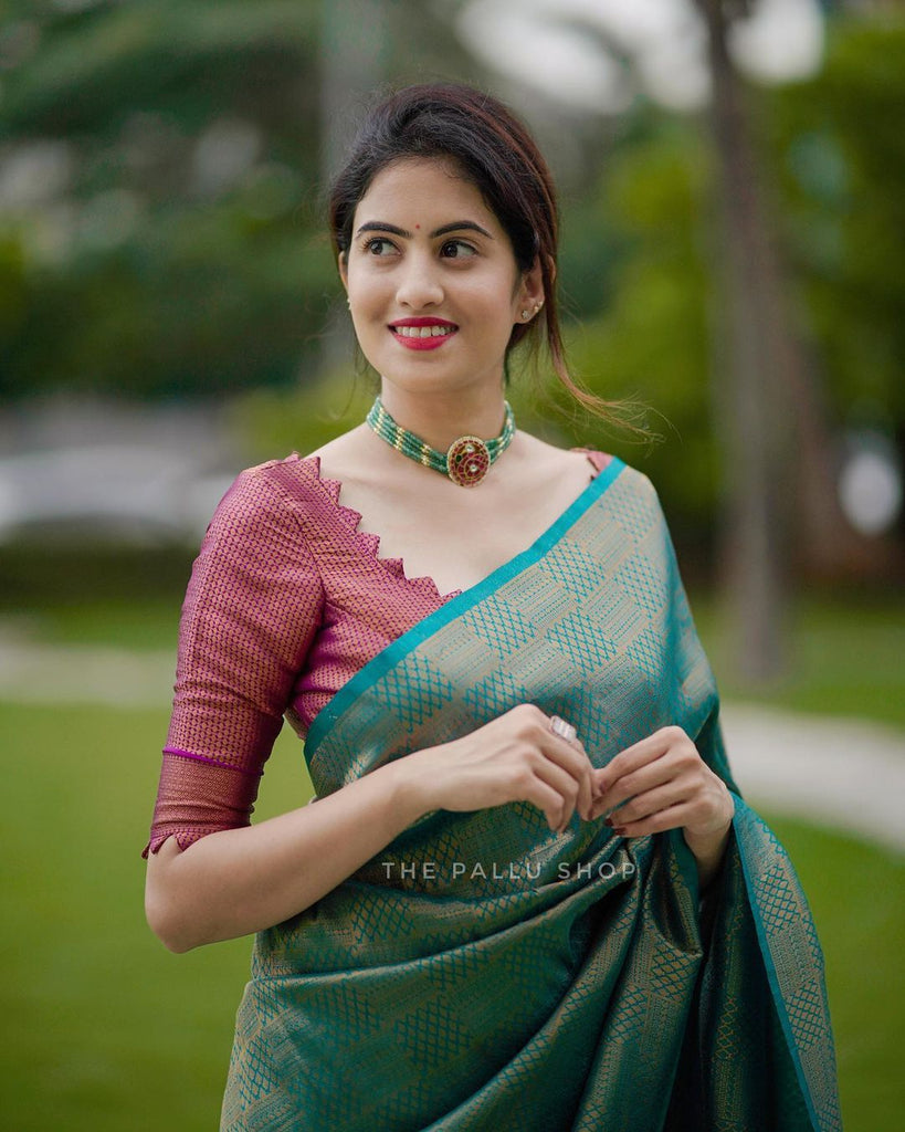 Conflate Rama Soft Silk Saree with Cynosure Blouse Piece - C