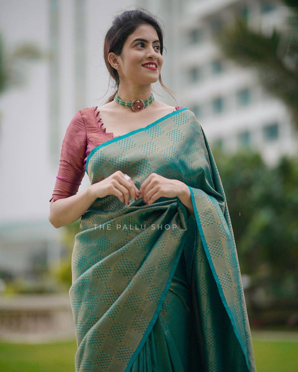 Conflate Rama Soft Silk Saree with Cynosure Blouse Piece ClothsVilla