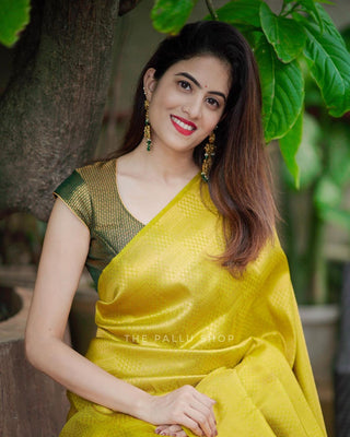 Divine Yellow Soft Silk Saree with Excellent Blouse Piece ClothsVilla