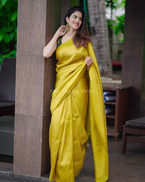 Divine Yellow Soft Silk Saree with Excellent Blouse Piece ClothsVilla Main image