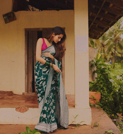 Appealing Rama Soft Silk Saree With Deserving Blouse Piece ClothsVilla Main image