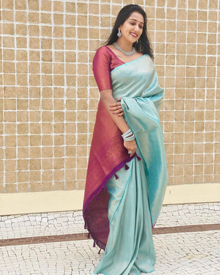 Pleasant Firozi Soft Silk Saree With Excellent Blouse Piece ClothsVilla