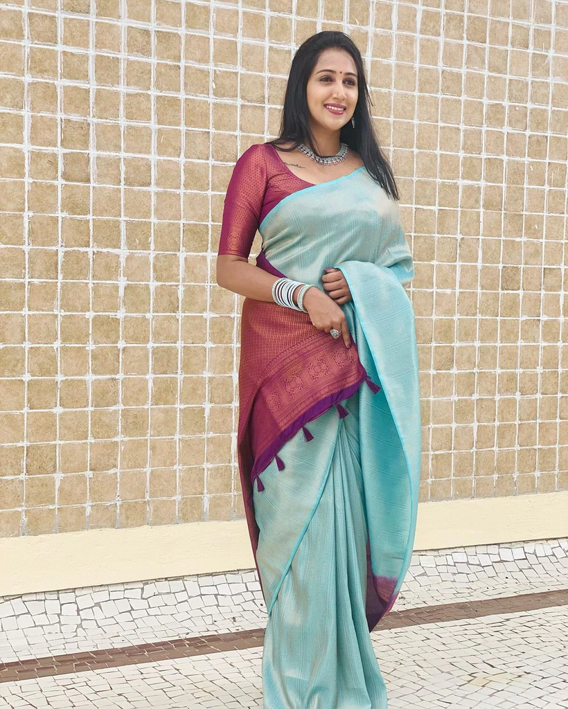 Pleasant Firozi Soft Silk Saree With Excellent Blouse Piece ClothsVilla