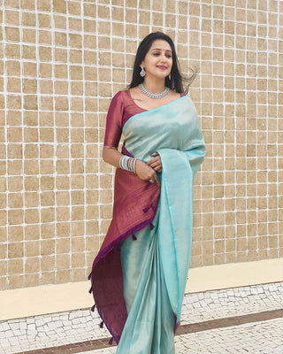 Pleasant Firozi Soft Silk Saree With Excellent Blouse Piece ClothsVilla