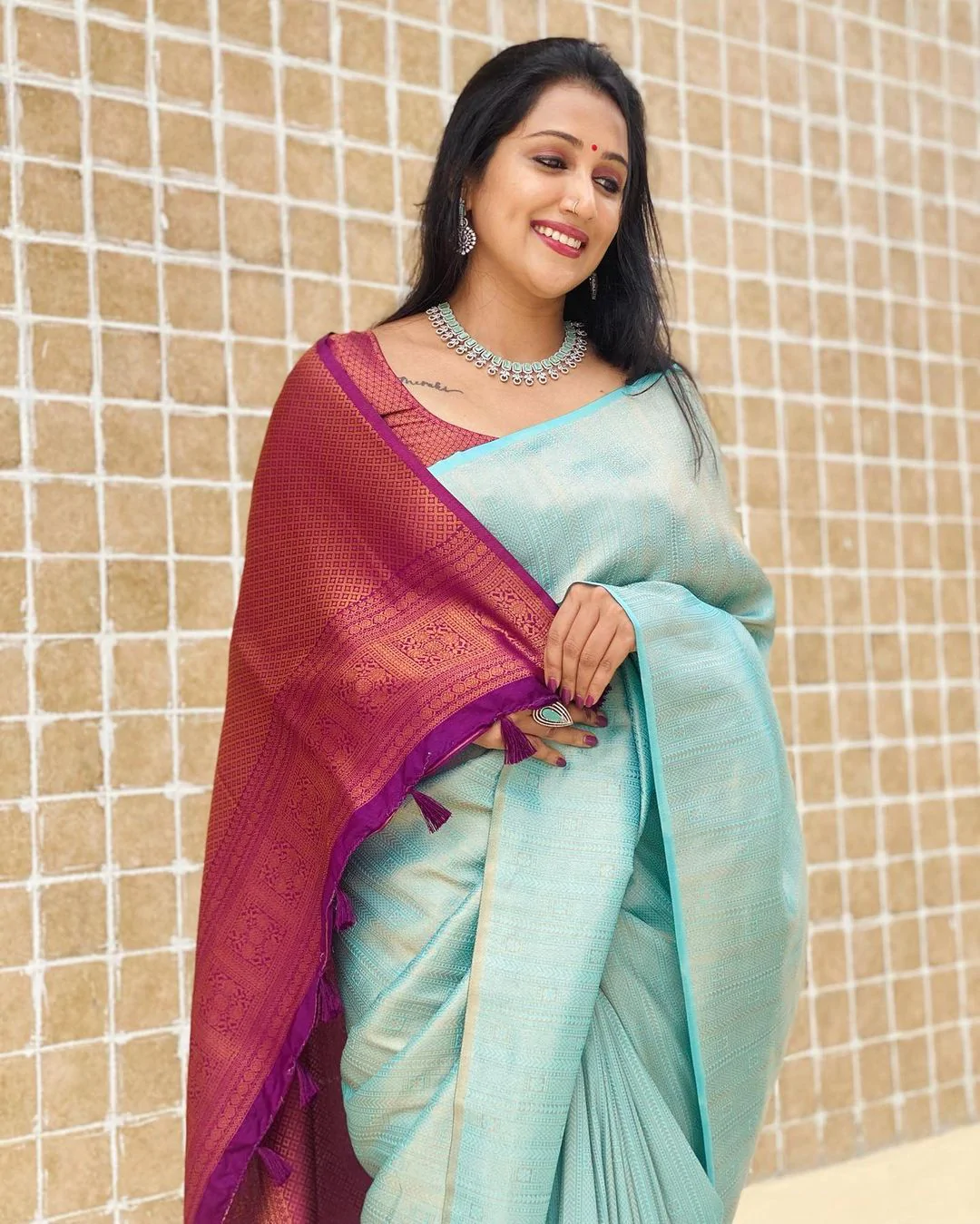 Pleasant Firozi Soft Silk Saree With Excellent Blouse Piece ClothsVilla