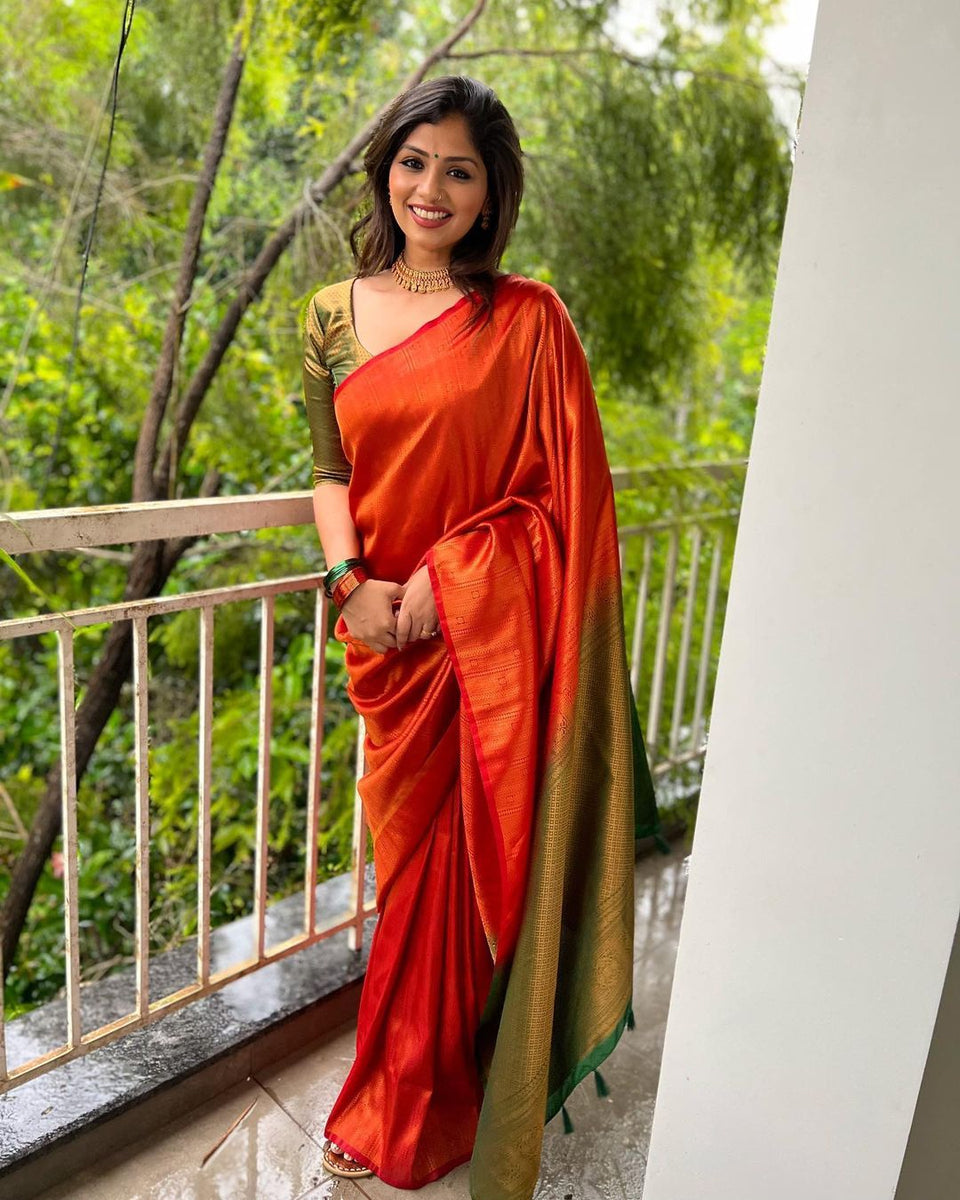 Red Saree in Soft Silk For Women - Clothsvilla