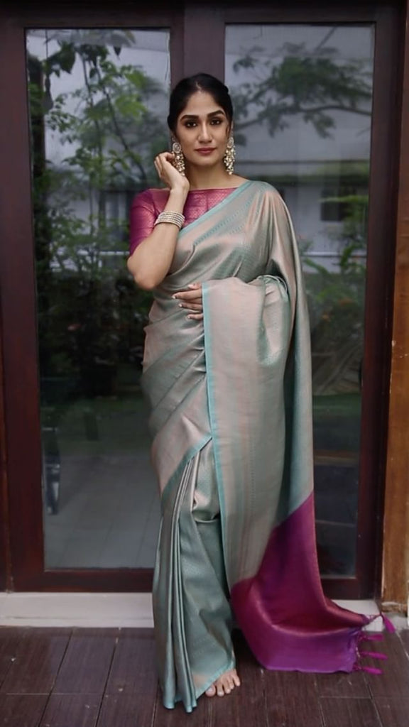 Conflate Sea Green Soft Silk Saree with Cynosure Blouse Piece ClothsVilla