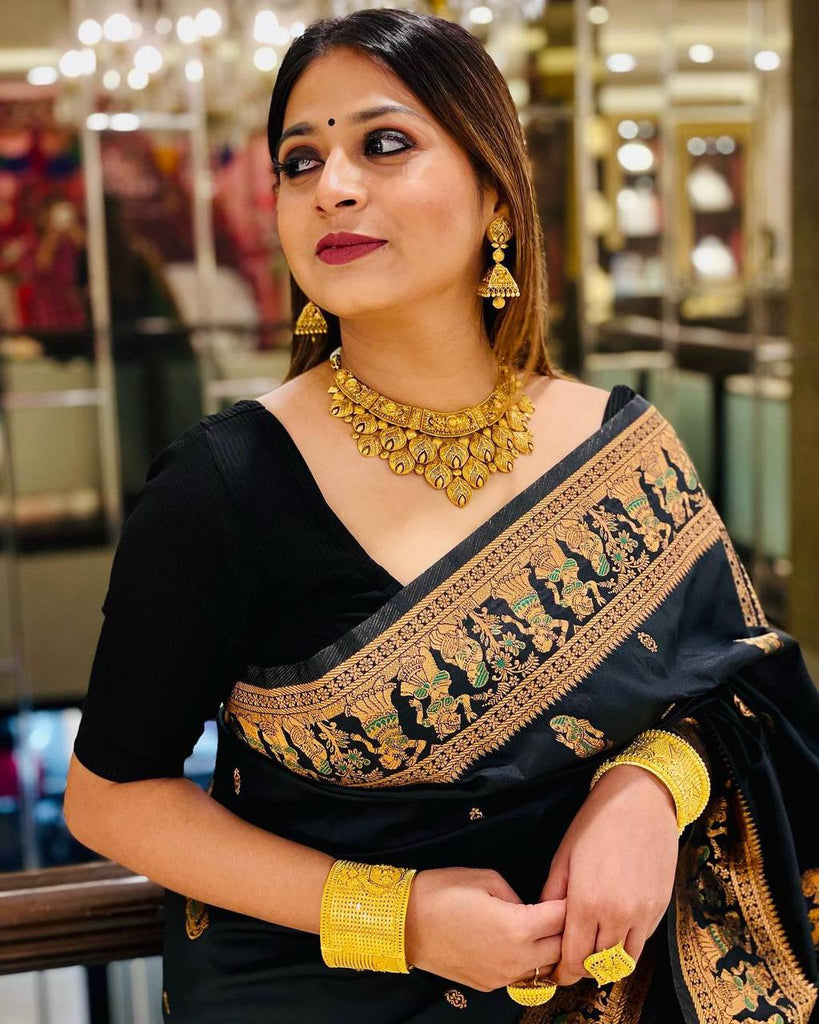 Engaging Black Soft Banarasi Silk Saree With Gratifying Blouse Piece ClothsVilla