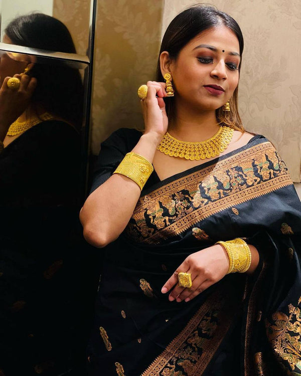 Engaging Black Soft Banarasi Silk Saree With Gratifying Blouse Piece ClothsVilla