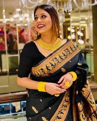 Engaging Black Soft Banarasi Silk Saree With Gratifying Blouse Piece ClothsVilla