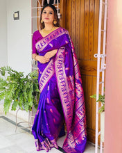 Load image into Gallery viewer, Artistic Blue Soft Banarasi Silk Saree With Magnificat Blouse Piece ClothsVilla
