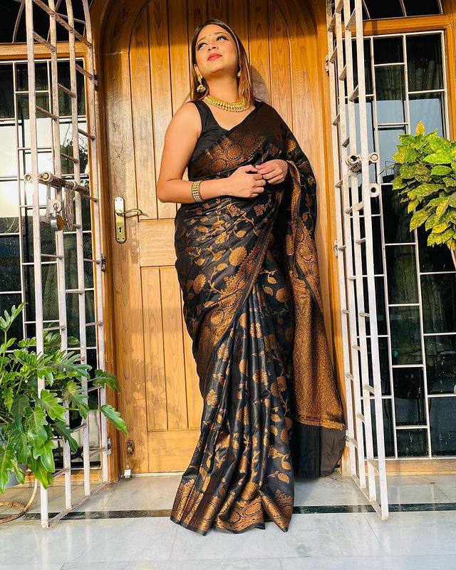 Girlish Black Soft Banarsi Silk Saree With Designer Blouse Piece ClothsVilla